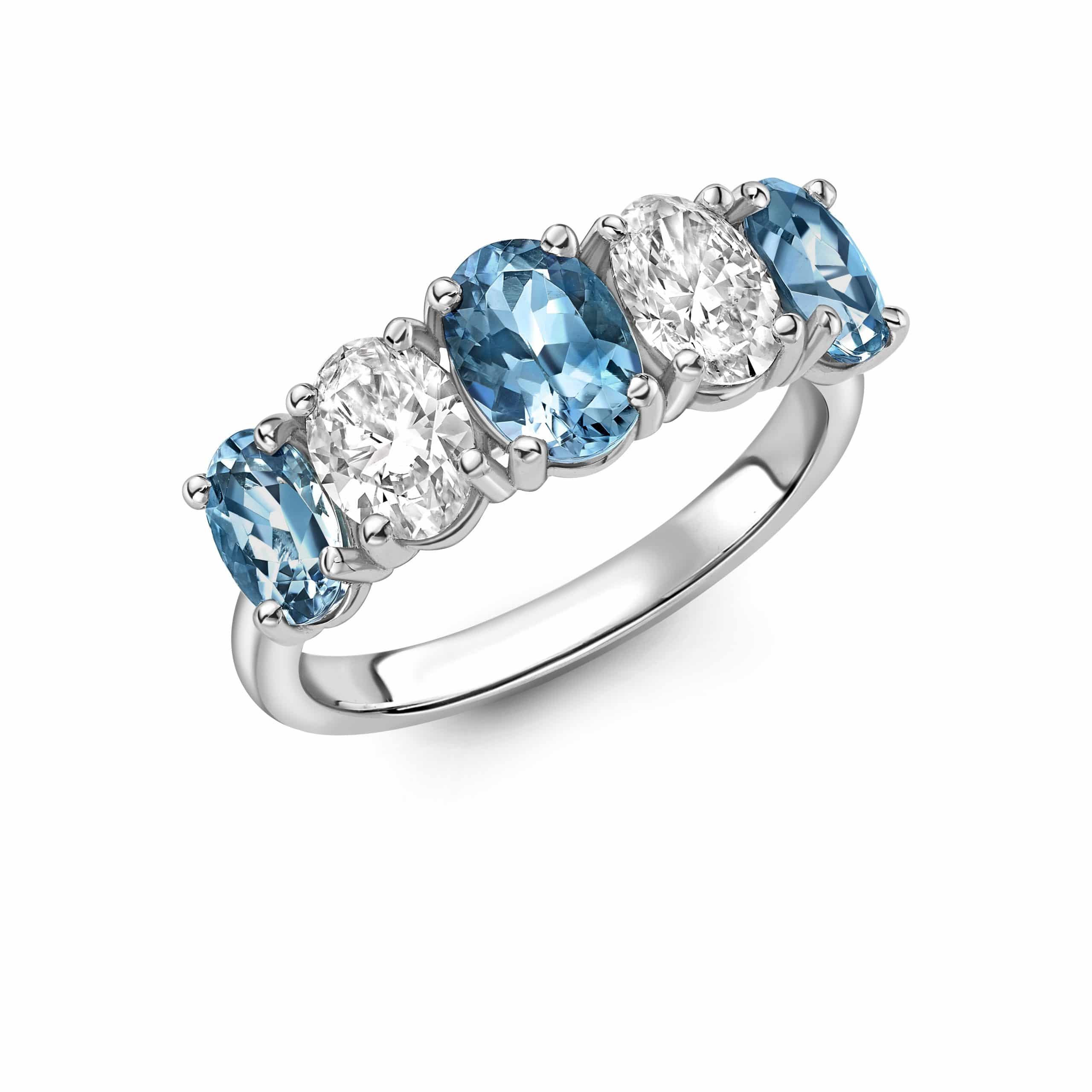 Platinum Aquamarine and Diamond Five Stone Oval Ring