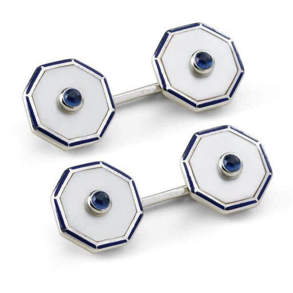 Sterling Silver Octagonal Cufflinks with Mother of Pearl and Sapphire