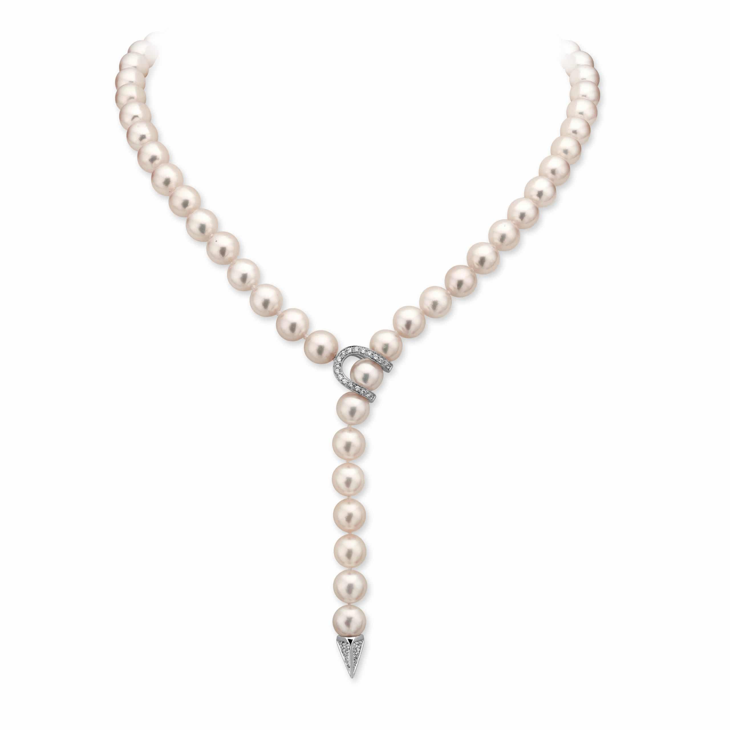 18ct White Gold Akoya Pearl & Diamond Lariat Necklace, 0.42ct