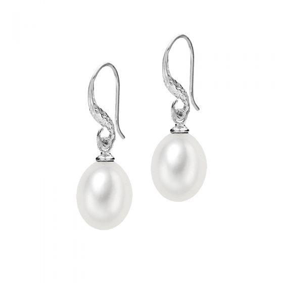 Sterling Silver 12mm Oval White Freshwater Pearl Drop Earrings