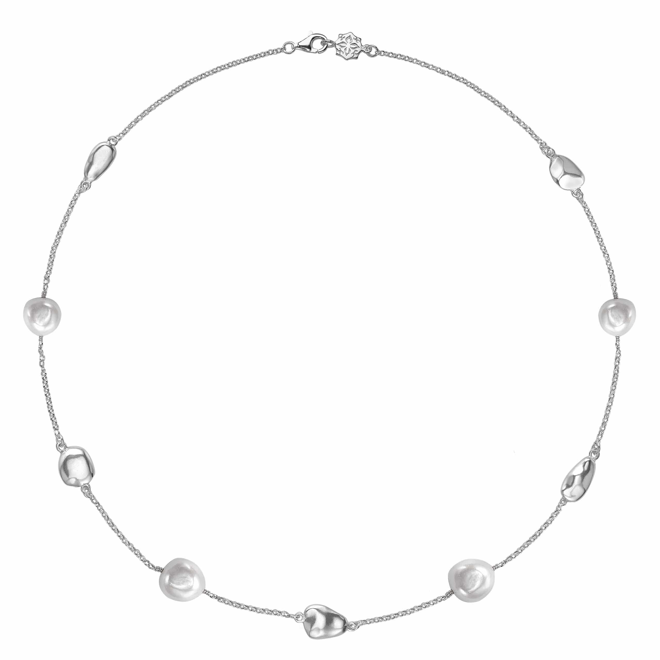 Sterling Silver Pebble & White Freshwater Pearl Necklace