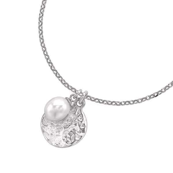 Sterling Silver Hammered Disc & White Freshwater Pearl Pendant