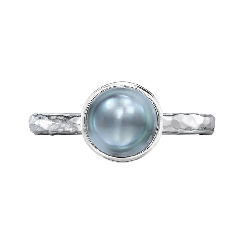 Sterling Silver 8mm Dove Grey Pearl Hammered Twinkle Ring