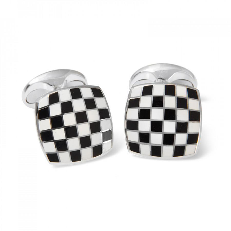 Sterling Silver Enamel Checkerboard Cufflinks in Black and White