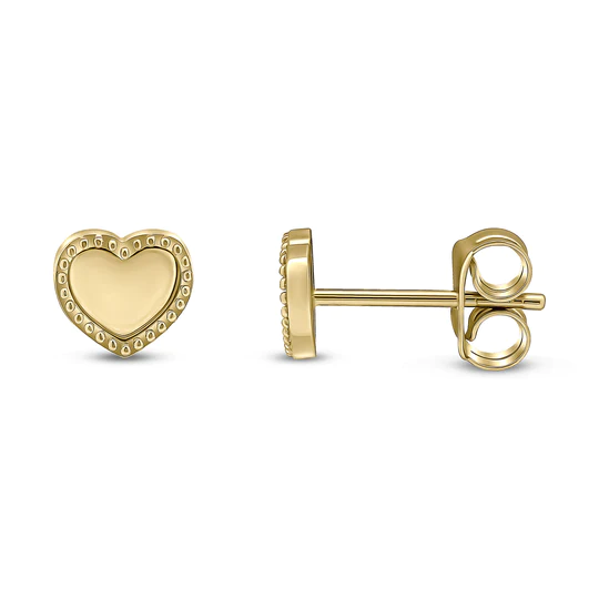 9CT Yellow Gold Beaded Edge Heart Stud Earrings 6.5mm