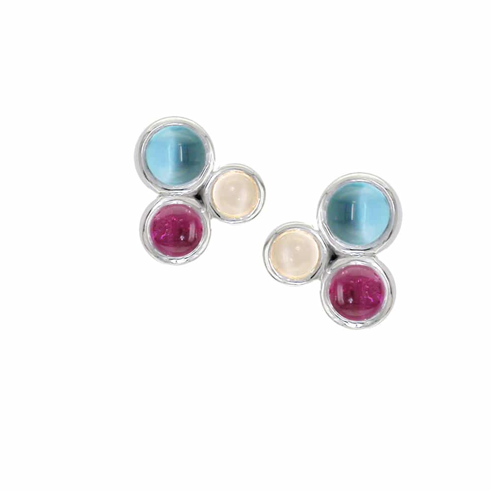 9ct White Gold Blue Topaz, Pink Tourmaline and Moonstone Earrings