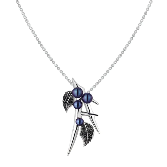 Blackthorn Drop Leaf Pendant – Silver, Black Spinel & Black Pearl