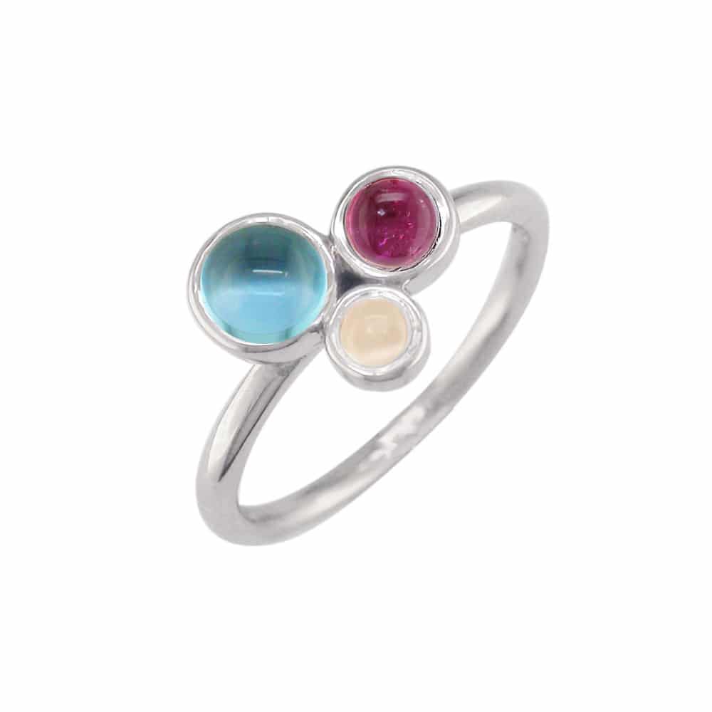 9ct White Gold Blue Topaz, Pink Tourmaline and Moonstone Ring