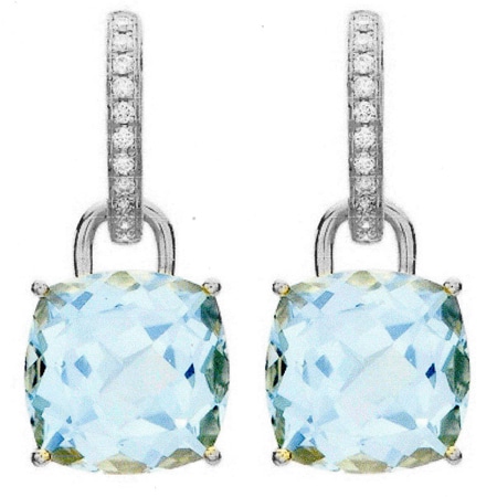 18ct White Gold Diamond Huggie Earrings with Cushion Blue Topaz Drops